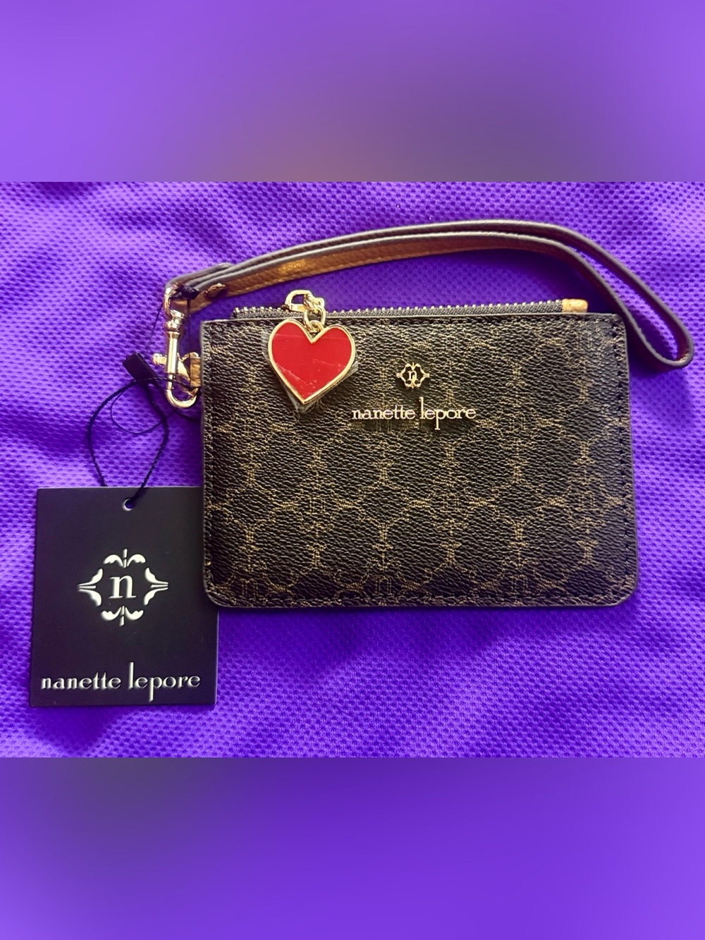 Nanette Lepore Black Logo-Print Wristlet with Red Heart Charm